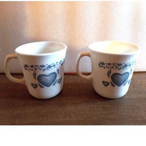 Lot of 2 Corning Ware Blue Hearts Mugs Sloping Side Corelle Coffee Cups